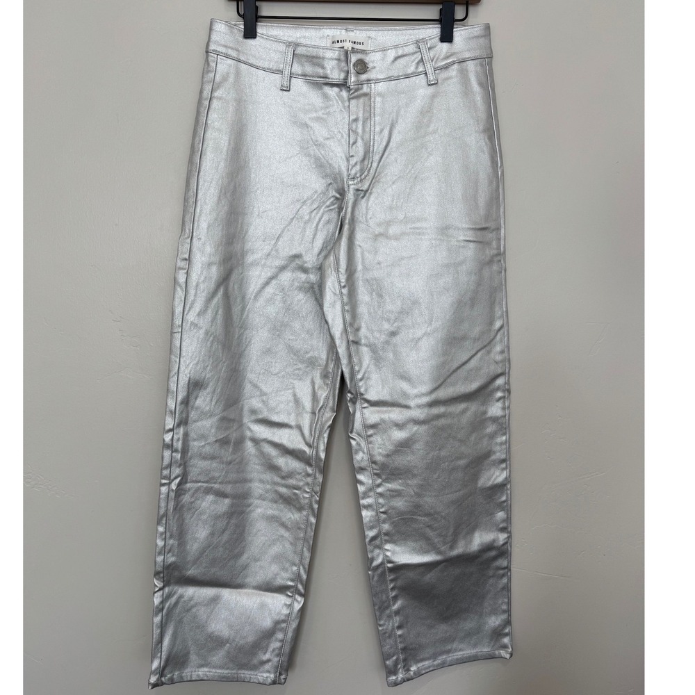 Almost Famous Silver Metallic High Rise Straight Leg Pants Womens 7 Festival Y2K